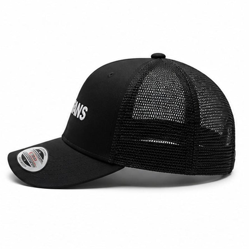 Black mesh trucker cap with curved brim and white text on the front panel