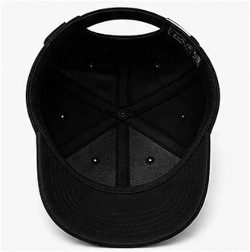 Inside view of black adjustable baseball cap with six panels and stitched eyelets