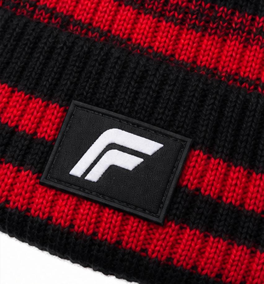 Striped Pom-Pom Knit Beanie — Black & Red | Cozy Winter Hat