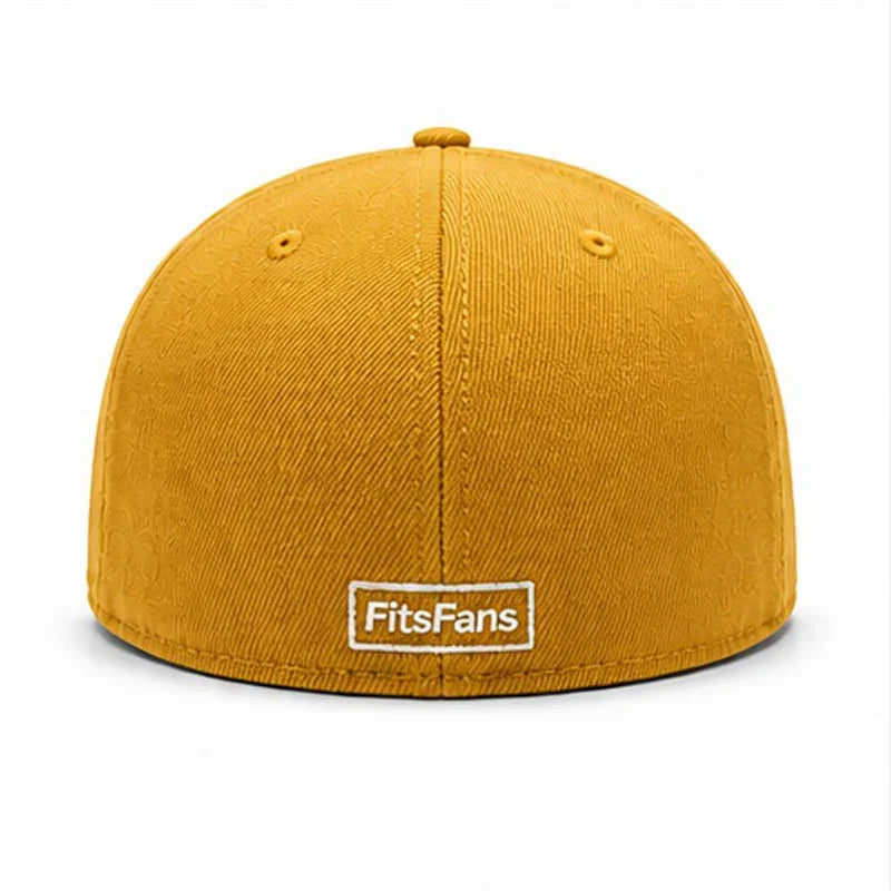 Back view of yellow fitted cap with embroidered FitsFans patch and subtle textured pattern