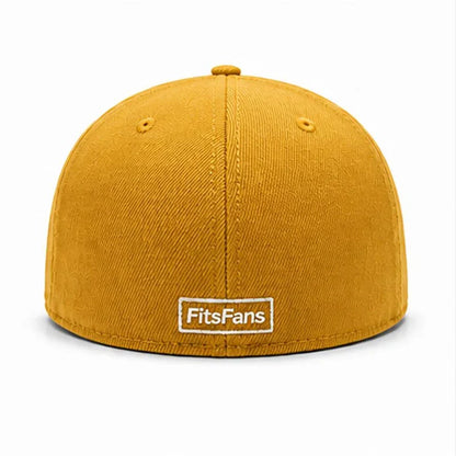 Back view of yellow fitted cap with embroidered FitsFans patch and subtle textured pattern