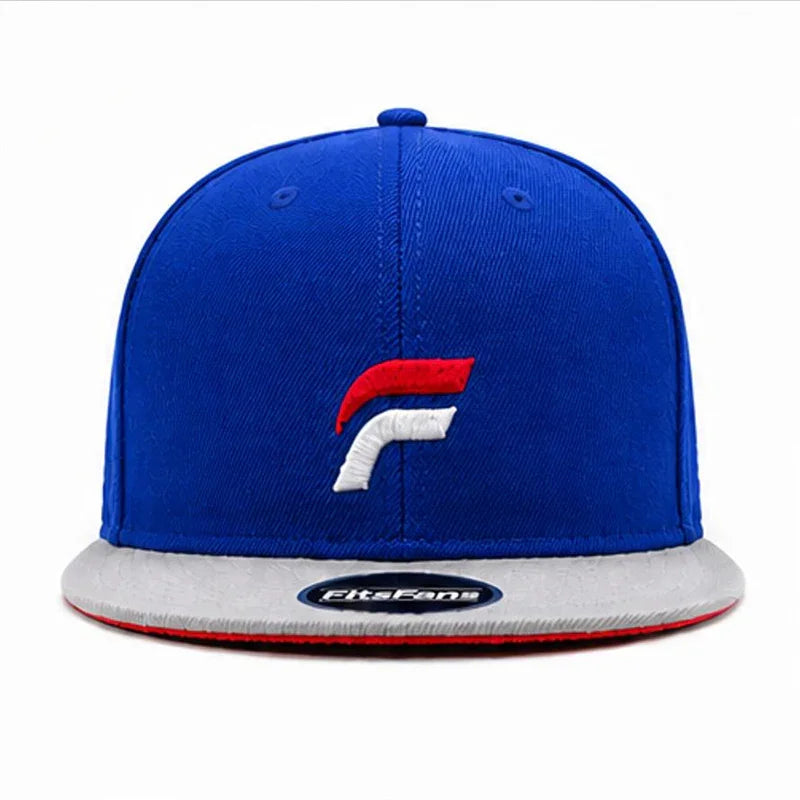 Blue and gray snapback hat with red and white embroidered logo on front panel