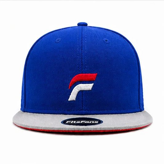 Blue and gray snapback hat with red and white embroidered logo on front panel