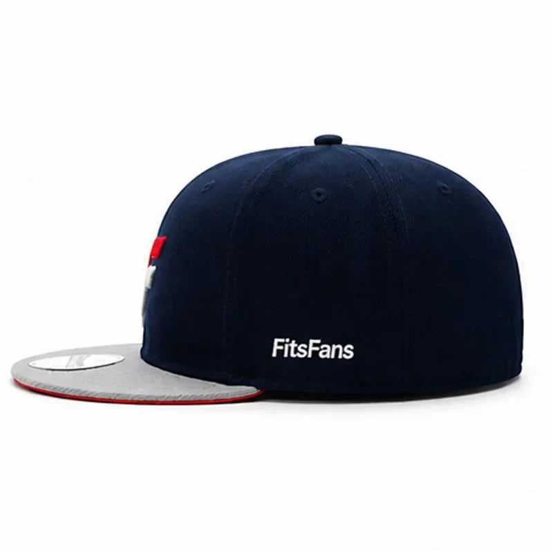 Navy blue and gray flat-brim snapback hat with FitsFans logo on the side