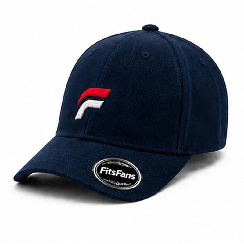Navy blue baseball cap with red and white embroidered logo and FitsFans sticker on brim