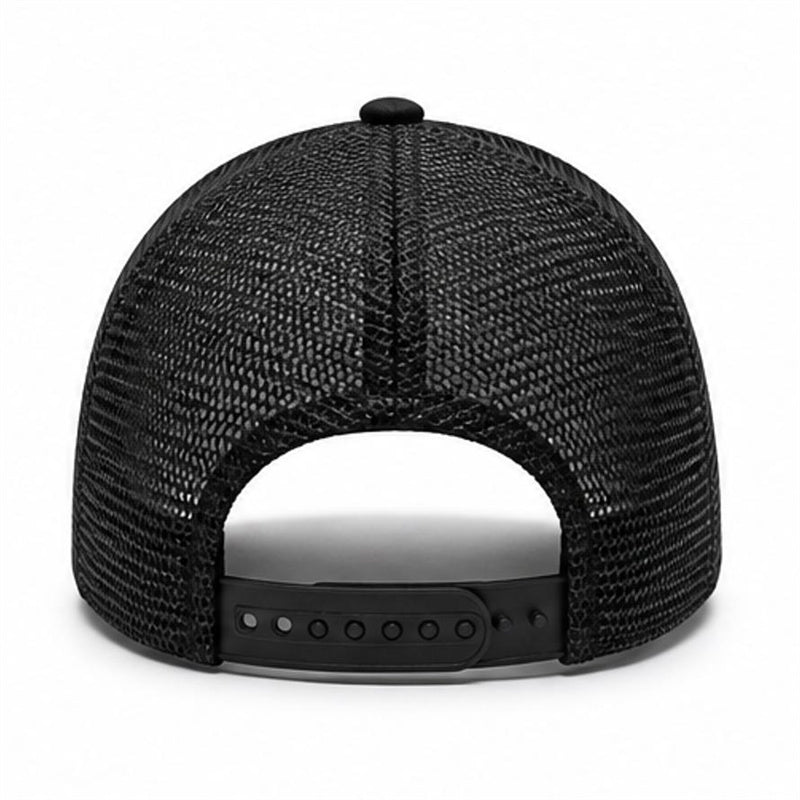 Back view of a black mesh trucker hat with adjustable snapback closure on white background