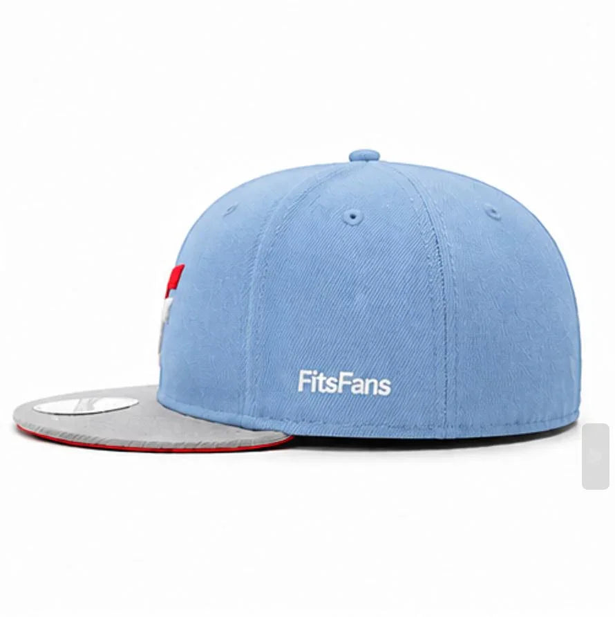 Light blue fitted baseball cap with grey flat brim and white FitsFans logo on the side