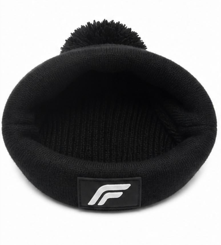 Bold Logo Pom-Pom Beanie — Black with Blue Stripe | Warm Knit Winter Hat