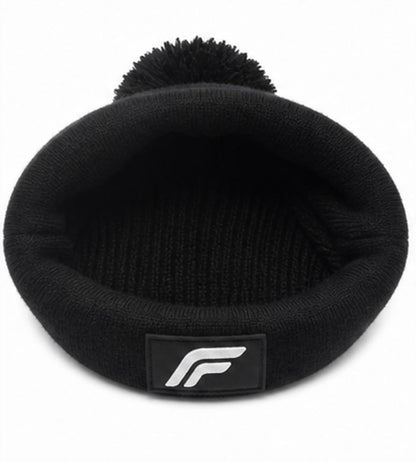 Bold Logo Pom-Pom Beanie — Black with Blue Stripe | Warm Knit Winter Hat