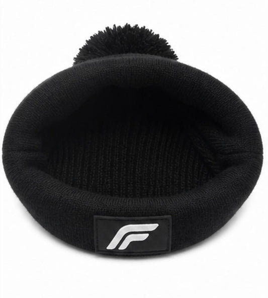 Bold Logo Pom-Pom Beanie — Black with Blue Stripe | Warm Knit Winter Hat