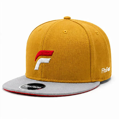 Mustard yellow and gray flat brim baseball hat with red and white embroidered logo