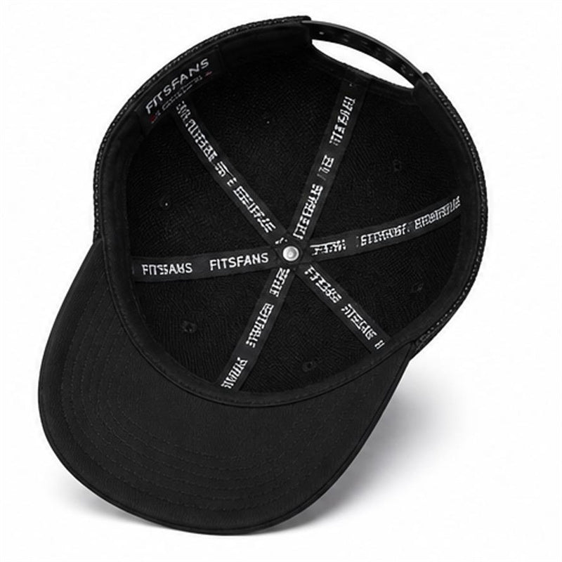 Inside view of a black adjustable trucker cap with stitched ventilation and logo details