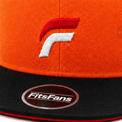 Orange and black snapback cap with embroidered red and white logo and FitsFans sticker
