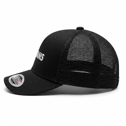 Black mesh trucker cap with curved brim and white text on the front panel
