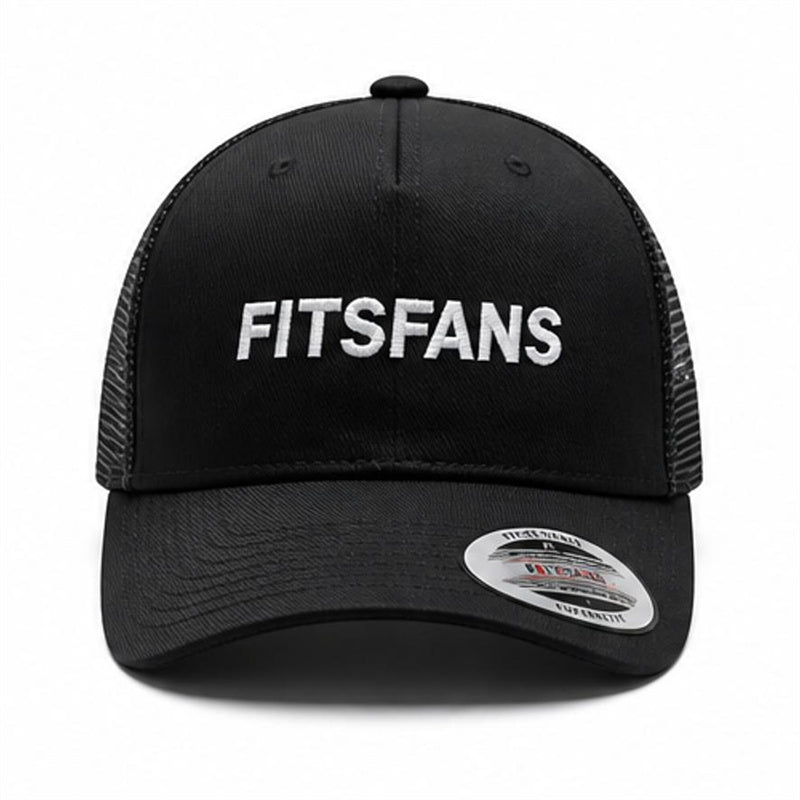 Black trucker cap with mesh back and white FITSFANS text embroidered on front