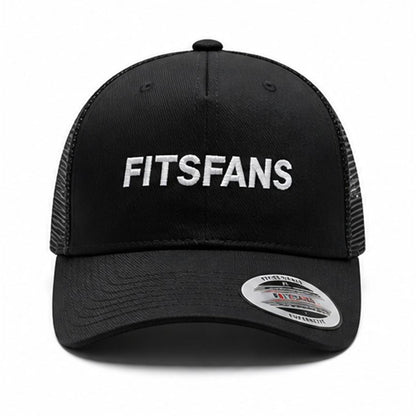Black trucker cap with mesh back and white FITSFANS text embroidered on front
