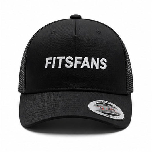 Black trucker cap with mesh back and white FITSFANS text embroidered on front