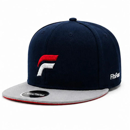 Navy blue and gray snapback cap with red and white embroidered logo, flat brim style