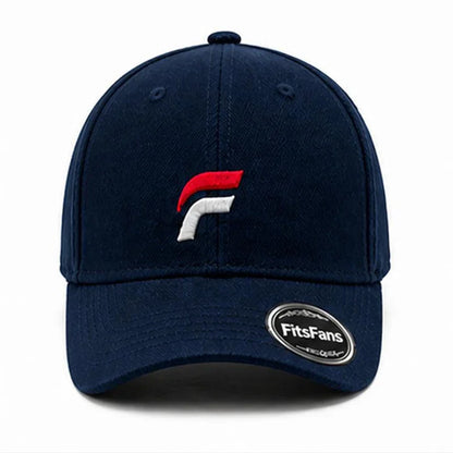 Navy blue baseball cap with red and white embroidered logo and FitsFans sticker on the brim.