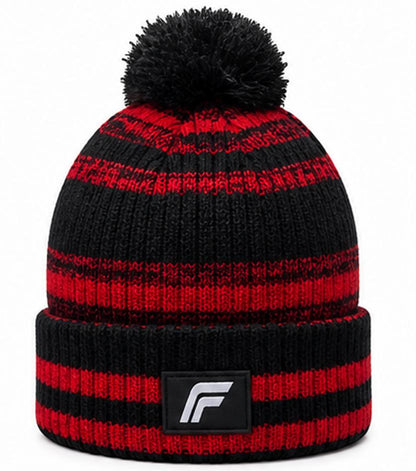 Striped Pom-Pom Knit Beanie — Black & Red | Cozy Winter Hat