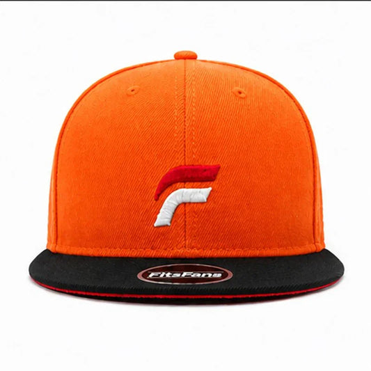 Orange and black snapback hat with embroidered F logo and flat brim