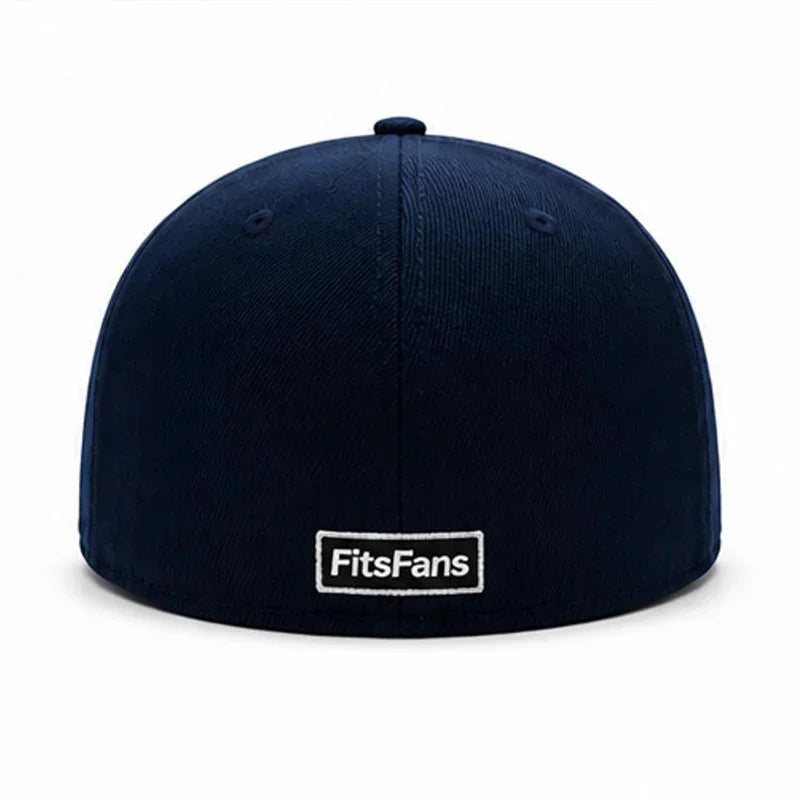 Navy blue fitted cap with FitsFans label on the back, plain white background.