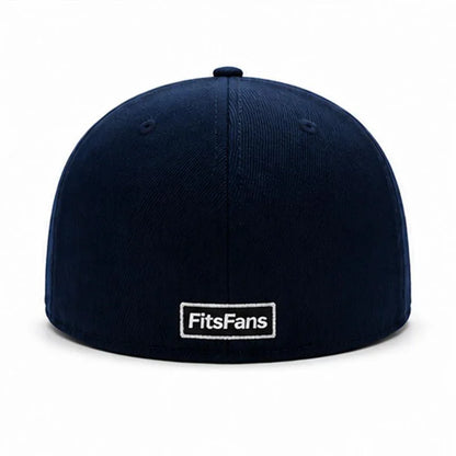 Navy blue fitted cap with FitsFans label on the back, plain white background.