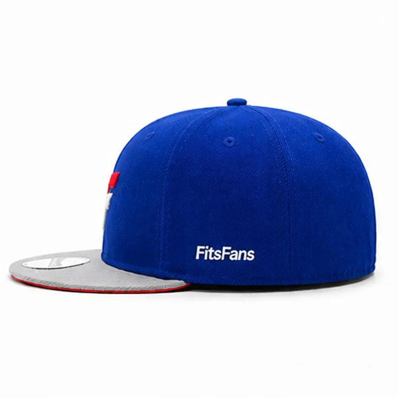 Blue flat brim baseball cap with gray visor and FitsFans logo embroidery on the side