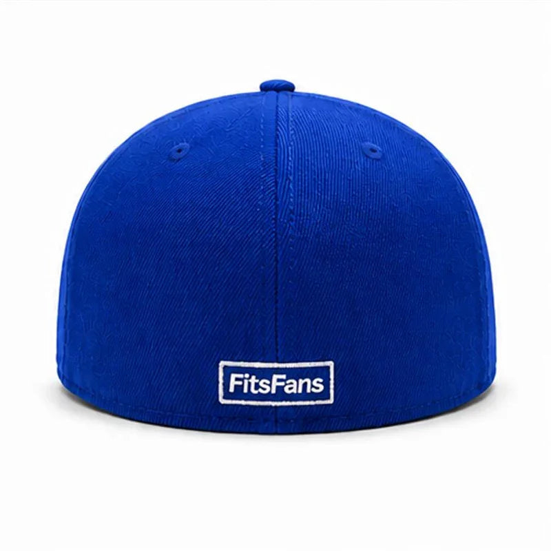 Royal blue fitted cap with FitsFans logo on the back, flat brim, white background.