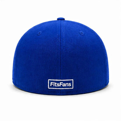 Royal blue fitted cap with FitsFans logo on the back, flat brim, white background.