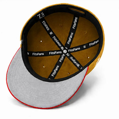 Interior view of fitted yellow hat with grey brim and FitsFans branded taping