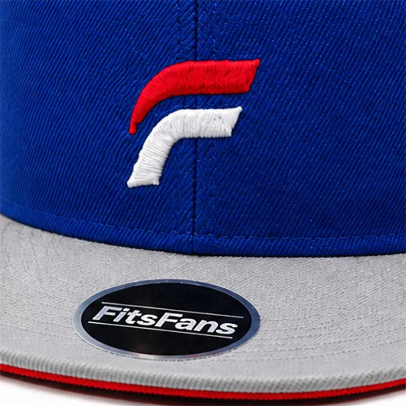 Blue snapback hat with red and white embroidered design and gray flat brim