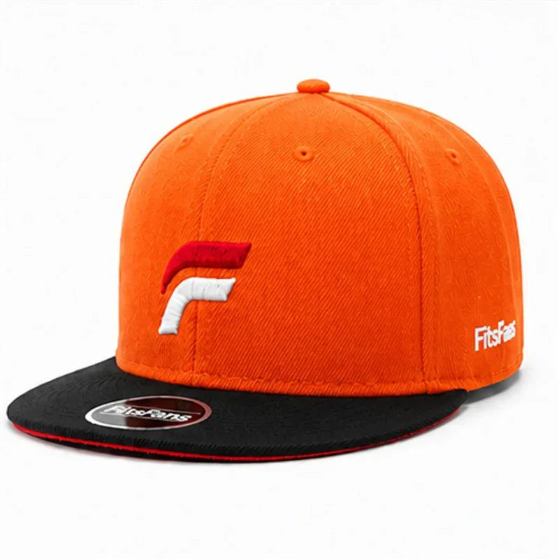Orange and black snapback cap with embroidered red and white logo and flat brim