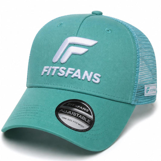 Teal adjustable trucker cap with mesh back and white embroidered FitsFans logo