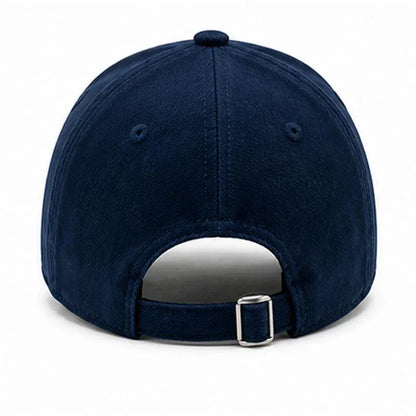 Back view of a navy blue adjustable baseball cap with metal buckle closure