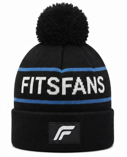 Bold Logo Pom-Pom Beanie — Black with Blue Stripe | Warm Knit Winter Hat