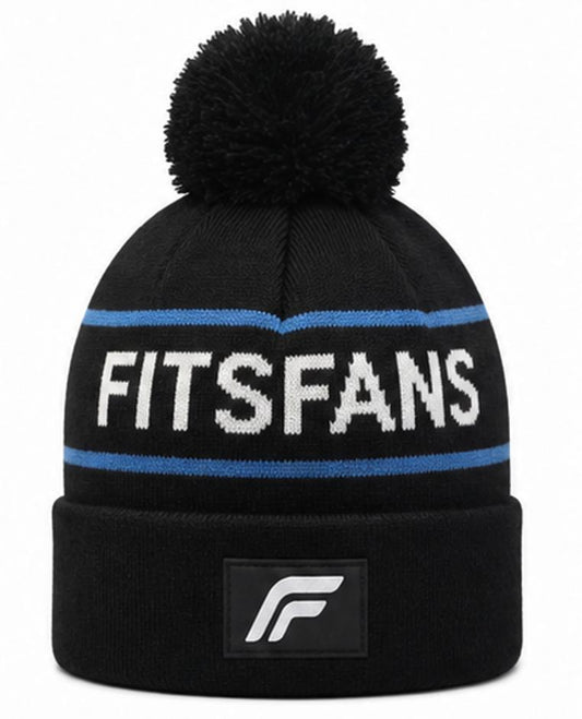 Bold Logo Pom-Pom Beanie — Black with Blue Stripe | Warm Knit Winter Hat