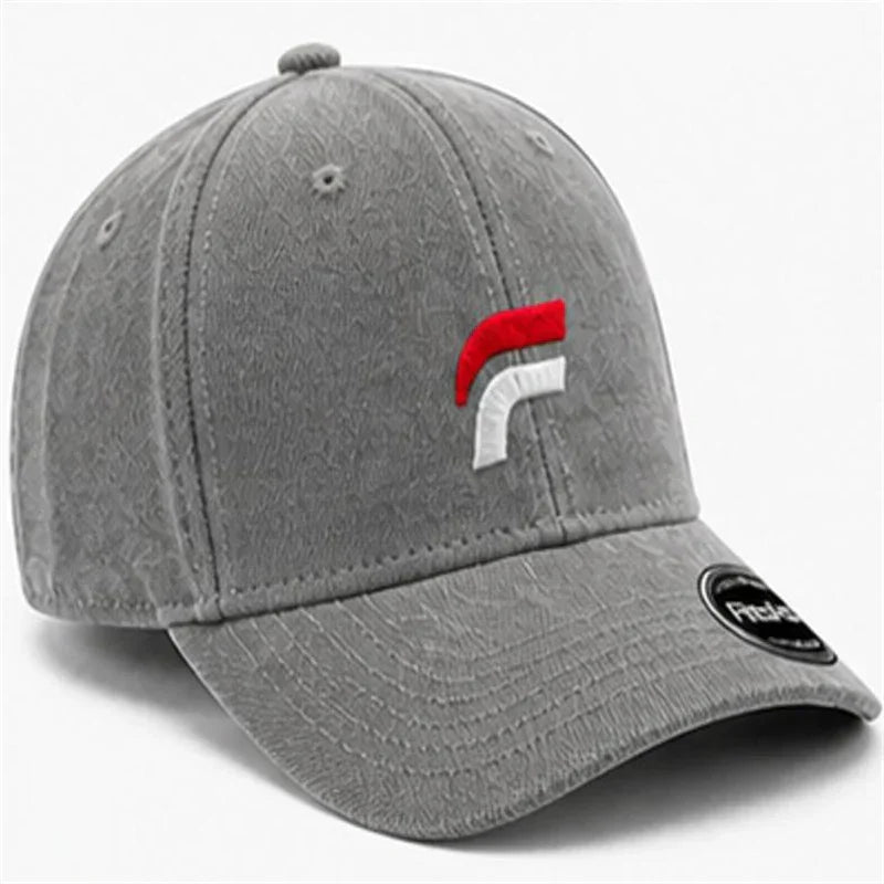 Gray curved brim baseball cap with red and white embroidered logo on front panel