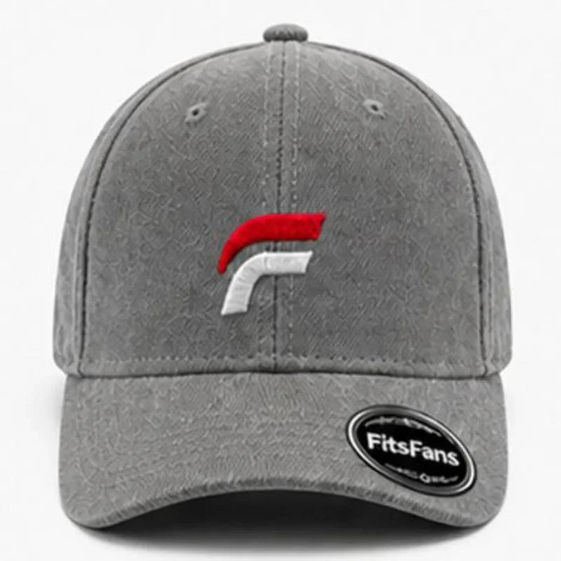 Gray textured baseball cap with red and white embroidered logo on front and FitsFans sticker on brim