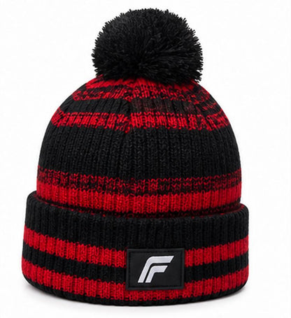 Striped Pom-Pom Knit Beanie — Black & Red | Cozy Winter Hat