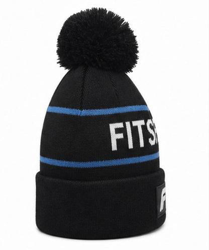Bold Logo Pom-Pom Beanie — Black with Blue Stripe | Warm Knit Winter Hat