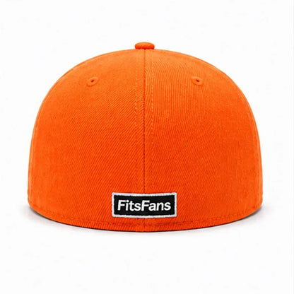 Bright orange fitted cap with embroidered eyelets and FitsFans label on the back