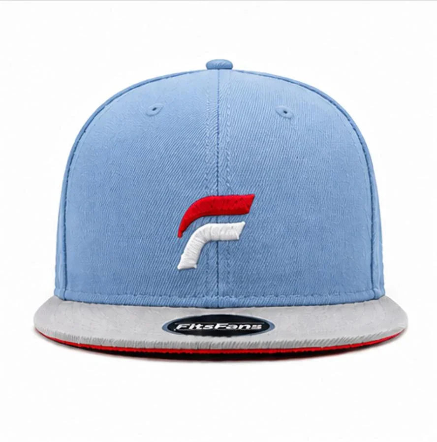 Light blue fitted cap with red and white embroidered logo and flat gray brim.