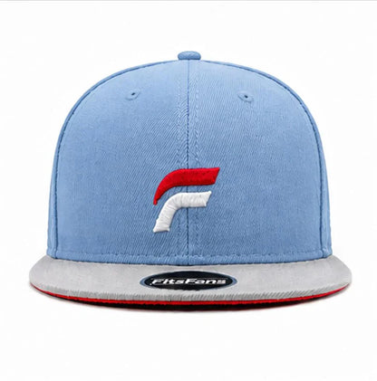 Light blue fitted cap with red and white embroidered logo and flat gray brim.