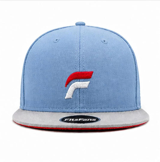 Light blue fitted cap with red and white embroidered logo and flat gray brim.