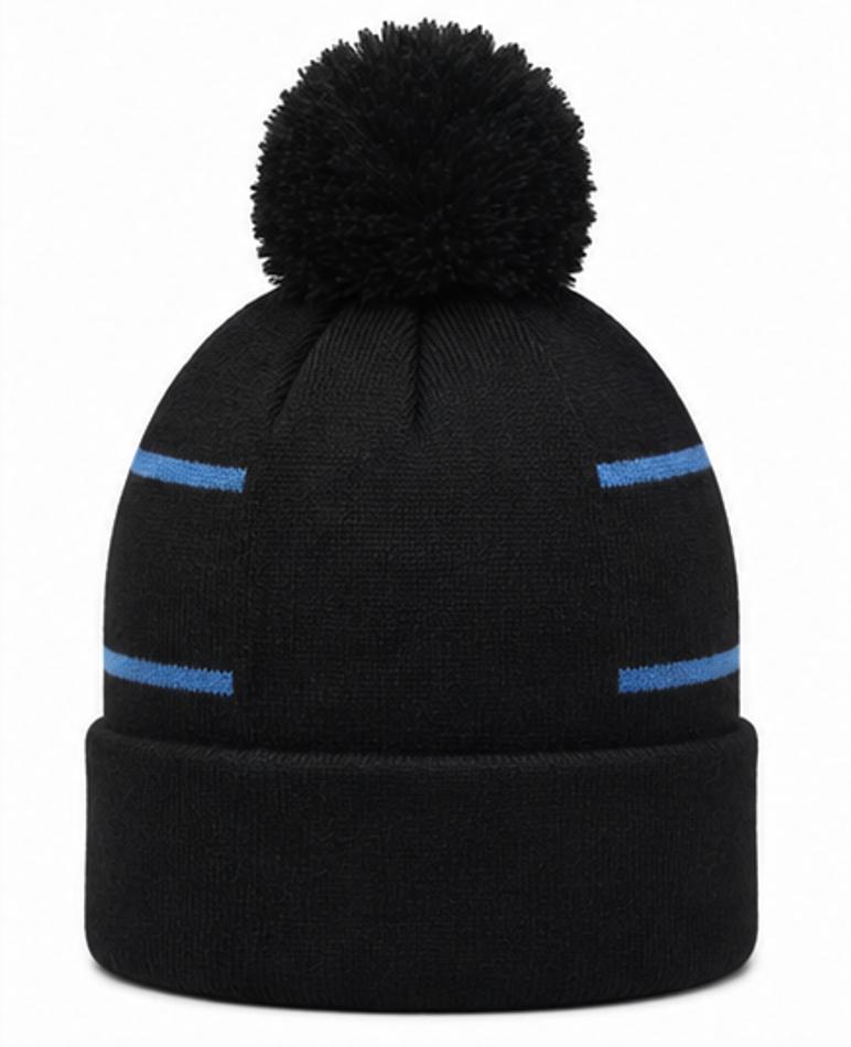 Bold Logo Pom-Pom Beanie — Black with Blue Stripe | Warm Knit Winter Hat