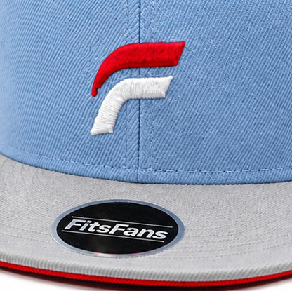 Light blue snapback hat with red and white embroidered logo and grey flat brim.
