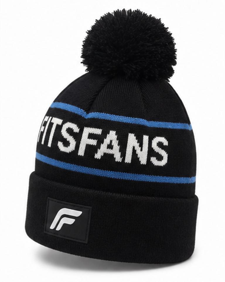 Bold Logo Pom-Pom Beanie — Black with Blue Stripe | Warm Knit Winter Hat