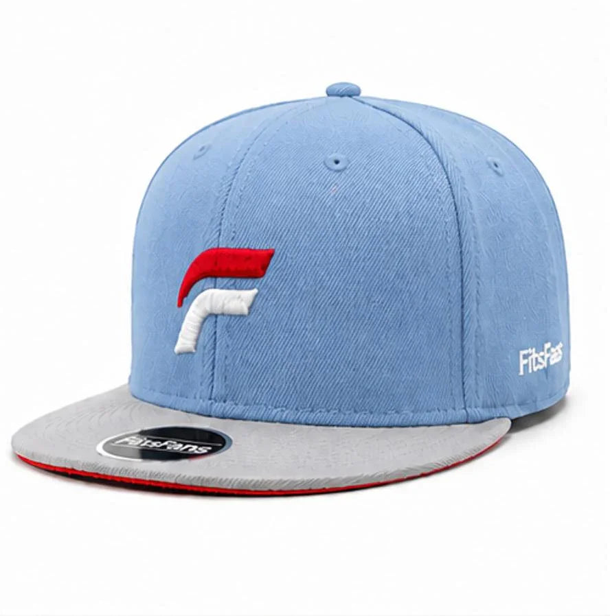 Light blue and gray snapback hat with red and white logo and flat brim
