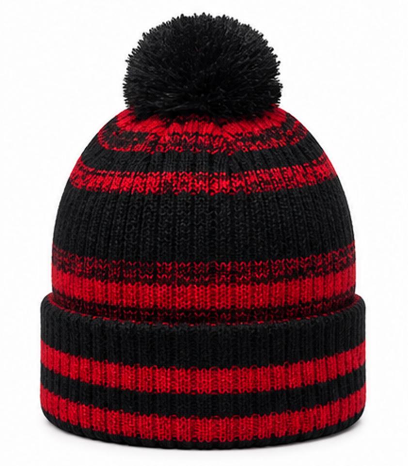 Striped Pom-Pom Knit Beanie — Black & Red | Cozy Winter Hat